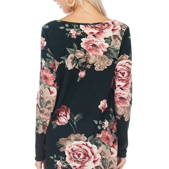 Long Sleeve Floral Print V Neck High Low Top - Picture 2 of 3